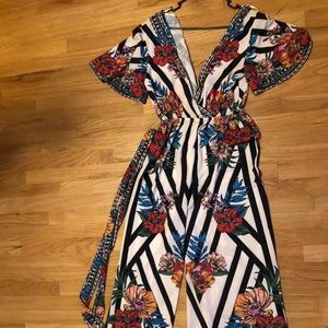 Floral and striped low cut jumpsuit